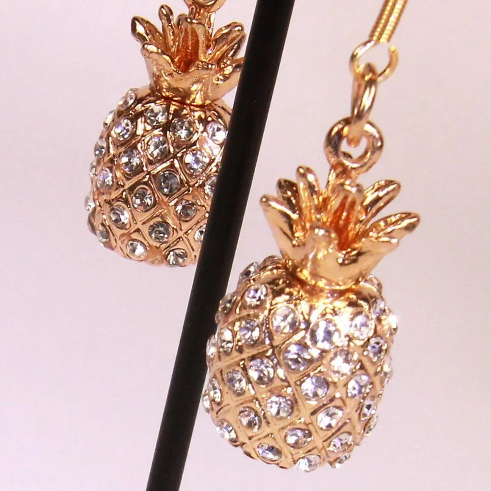 NWOT Gold Pineapple and Rhinestones Drop Earrings - Picture 3 of 8